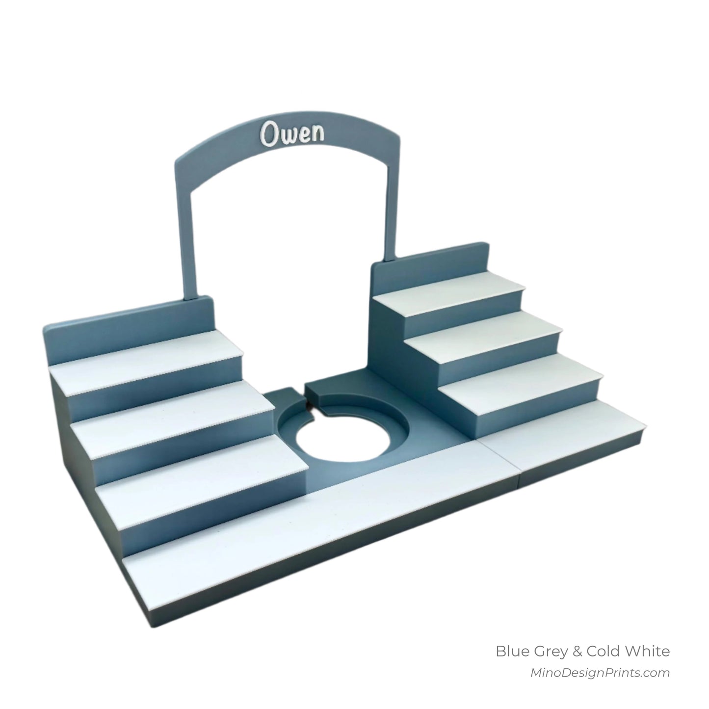 Personalised Large Stairs Shelf for Tonie Box in Blue Grey with Cold White Steps