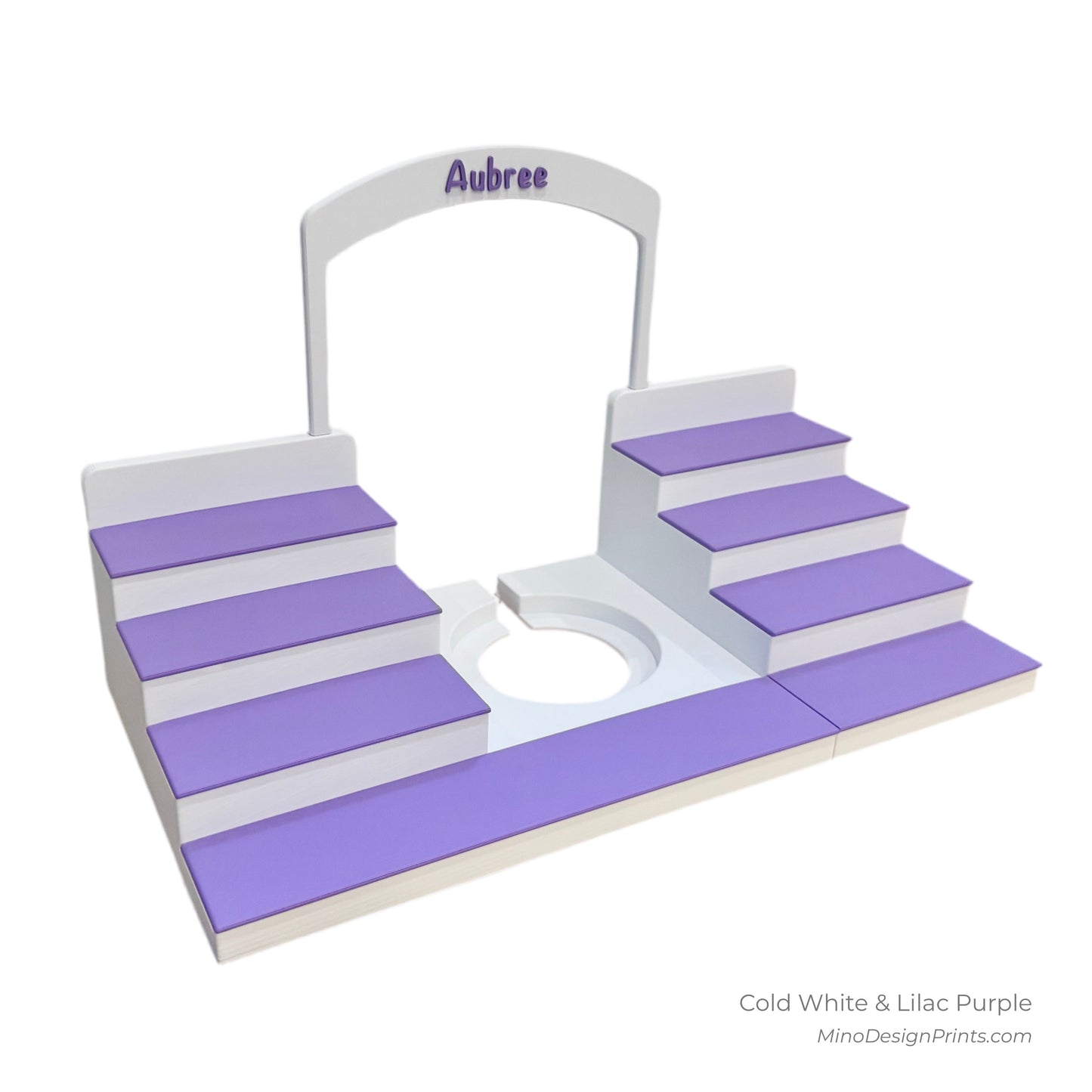 Personalised Large Stairs Shelf for Tonie Box in Cold White with Lilac Purple Steps