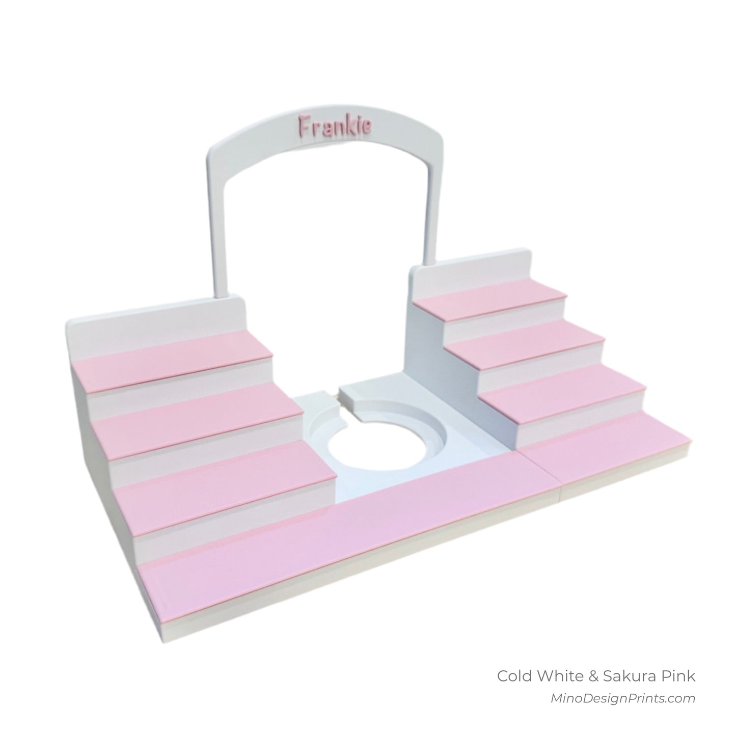 Personalised Large Stairs Shelf for Tonie Box in Cold White with Sakura Pink Steps
