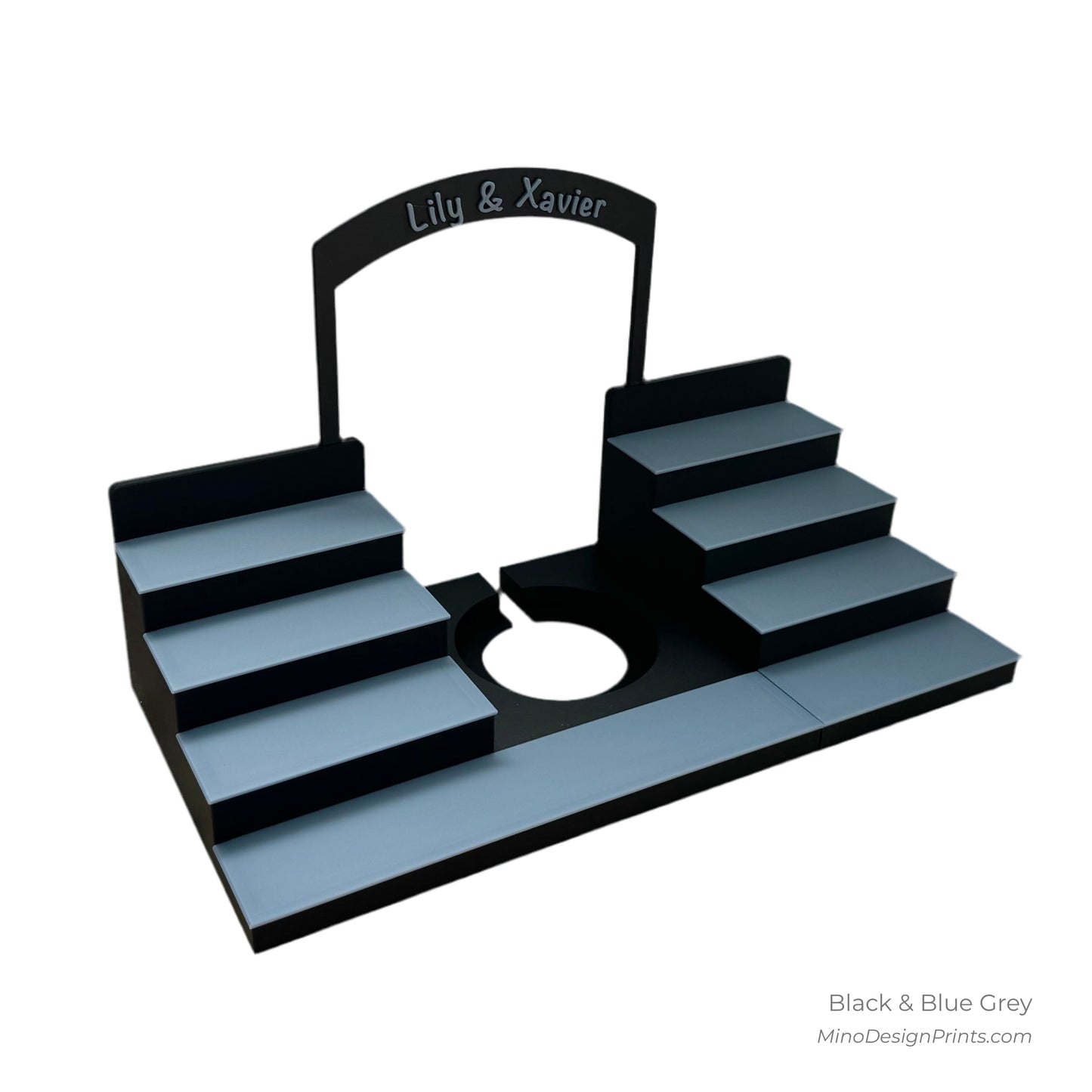 Personalised Large Stairs Shelf for Tonie Box in Black with Blue Grey Steps