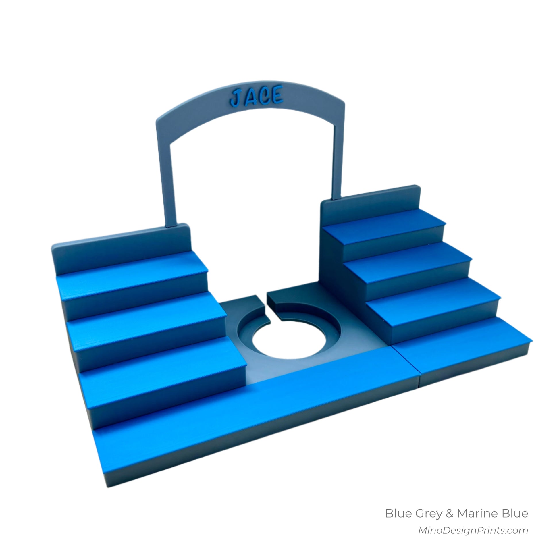 Personalised Large Stairs Shelf for Tonie Box in Blue Grey with Marine Blue Steps