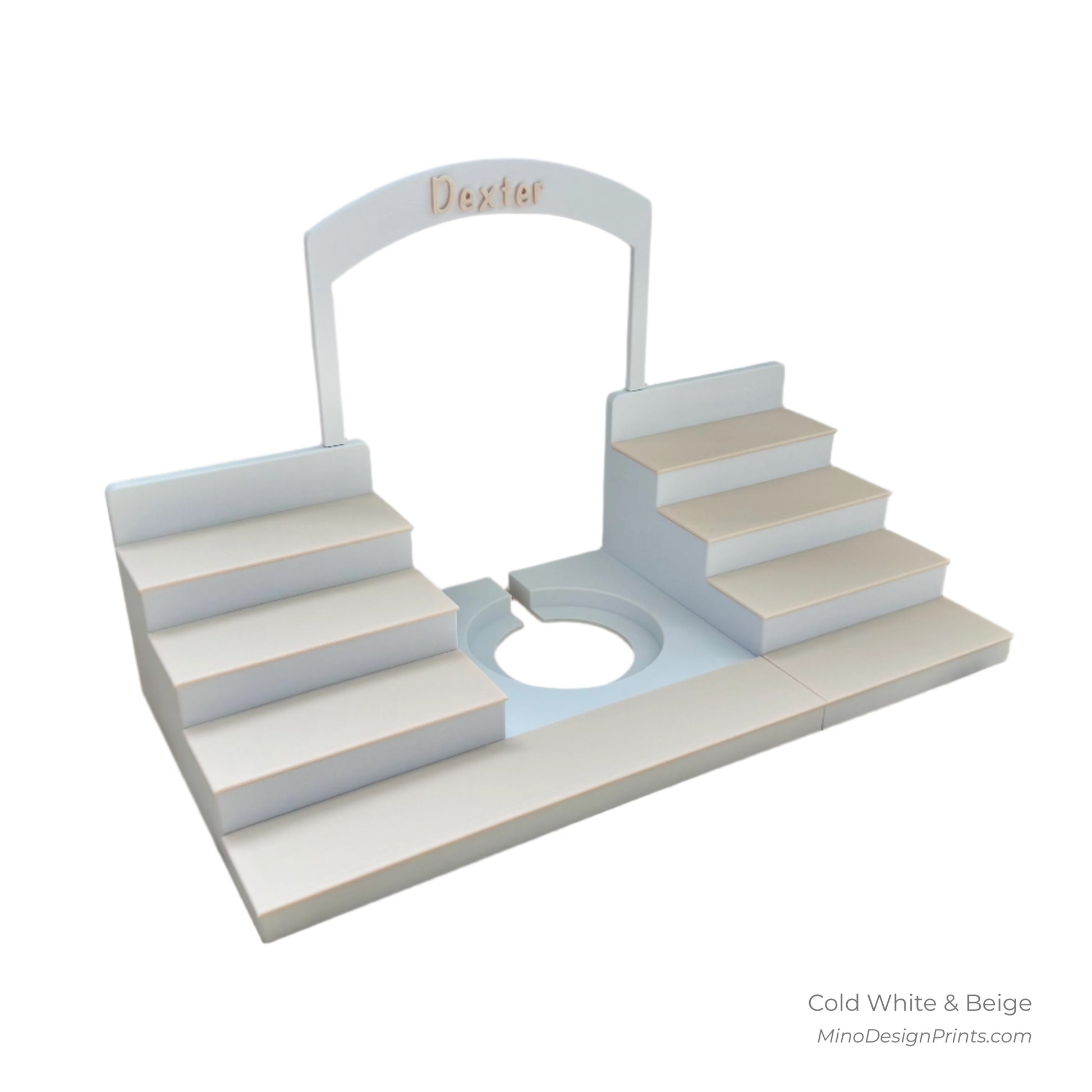 Personalised Large Stairs Shelf for Tonie Box in Cold White with Beige Steps