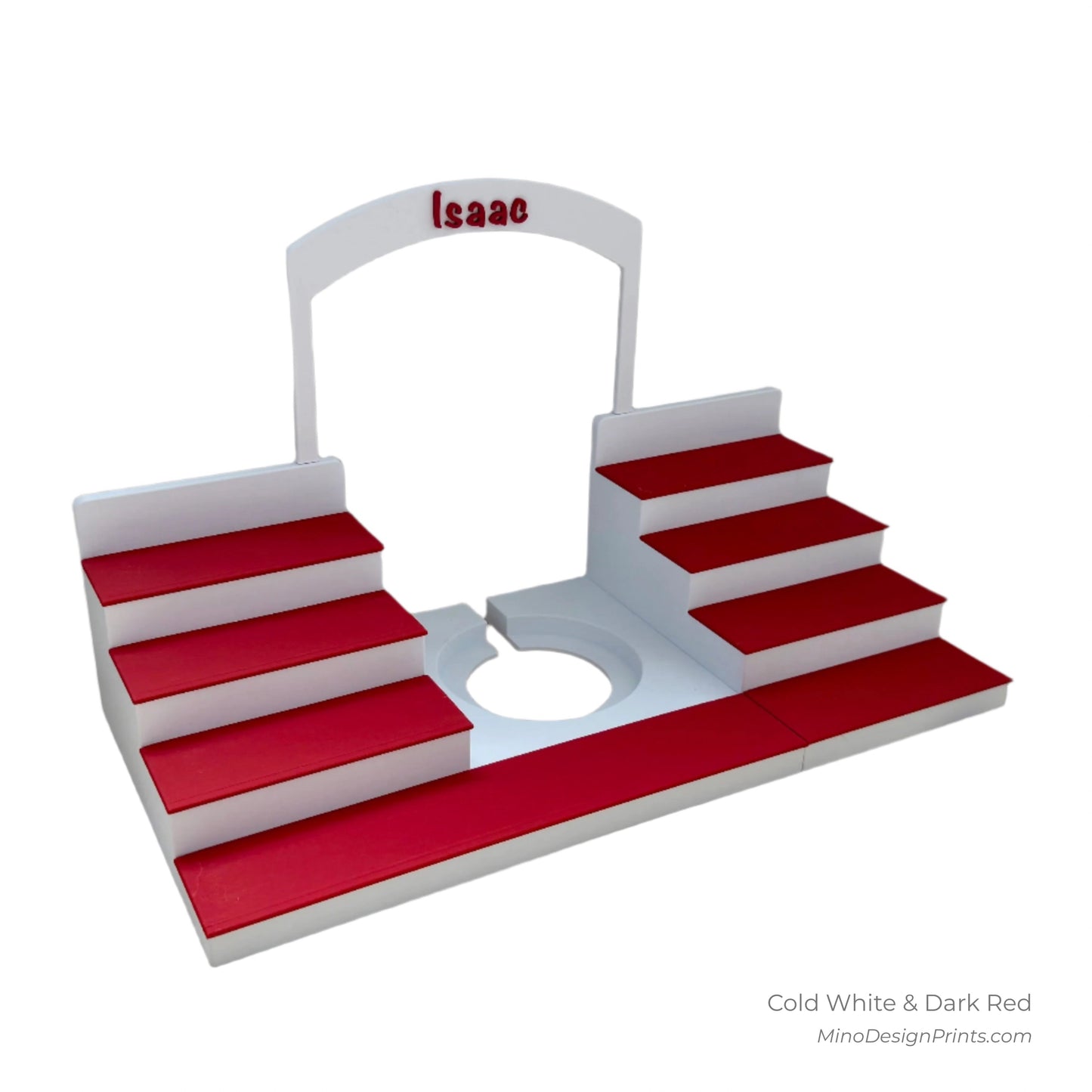 Personalised Large Stairs Shelf for Tonie Box in Cold White with Dark Red Steps