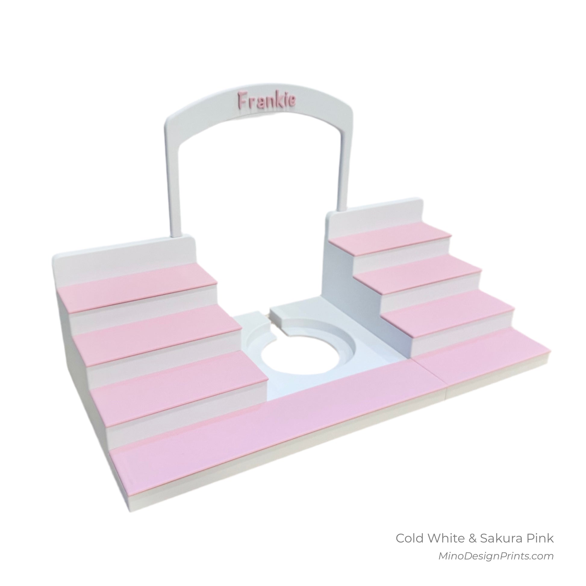 Personalised Large Stairs Shelf for Tonie Box in Cold White with Sakura Pink Steps