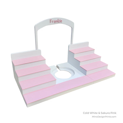Personalised Large Stairs Shelf for Tonie Box in Cold White with Sakura Pink Steps
