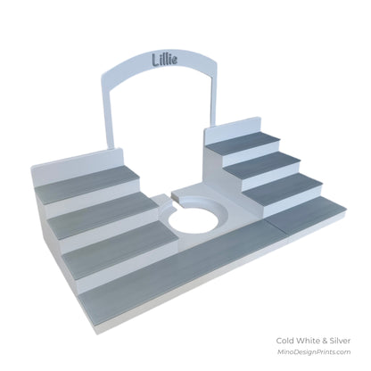 Personalised Large Stairs Shelf for Tonie Box in Cold White with Silver Steps