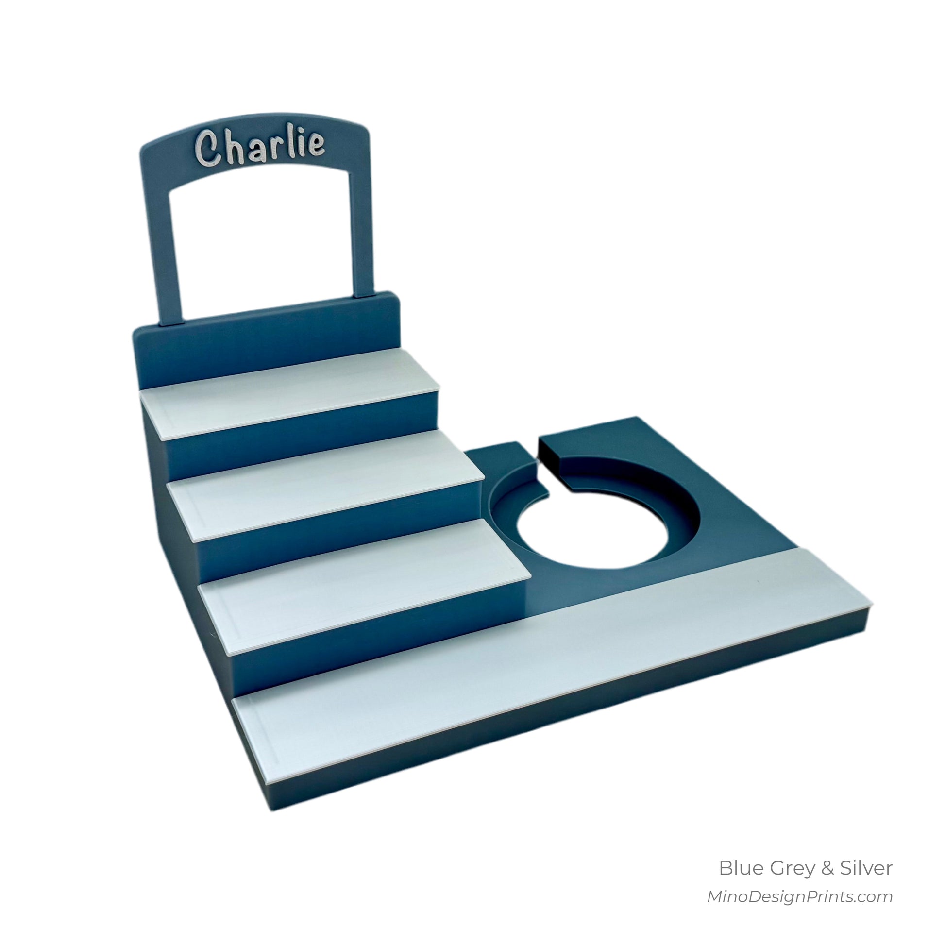 Personalised Medium Stairs Shelf for Tonie Box in Blue Grey with Silver Steps