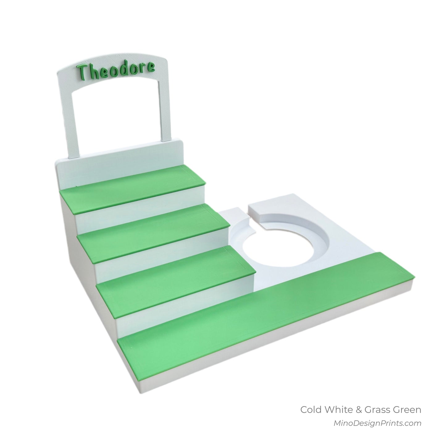 Personalised Medium Stairs Shelf for Tonie Box in Cold White with Grass Green Steps