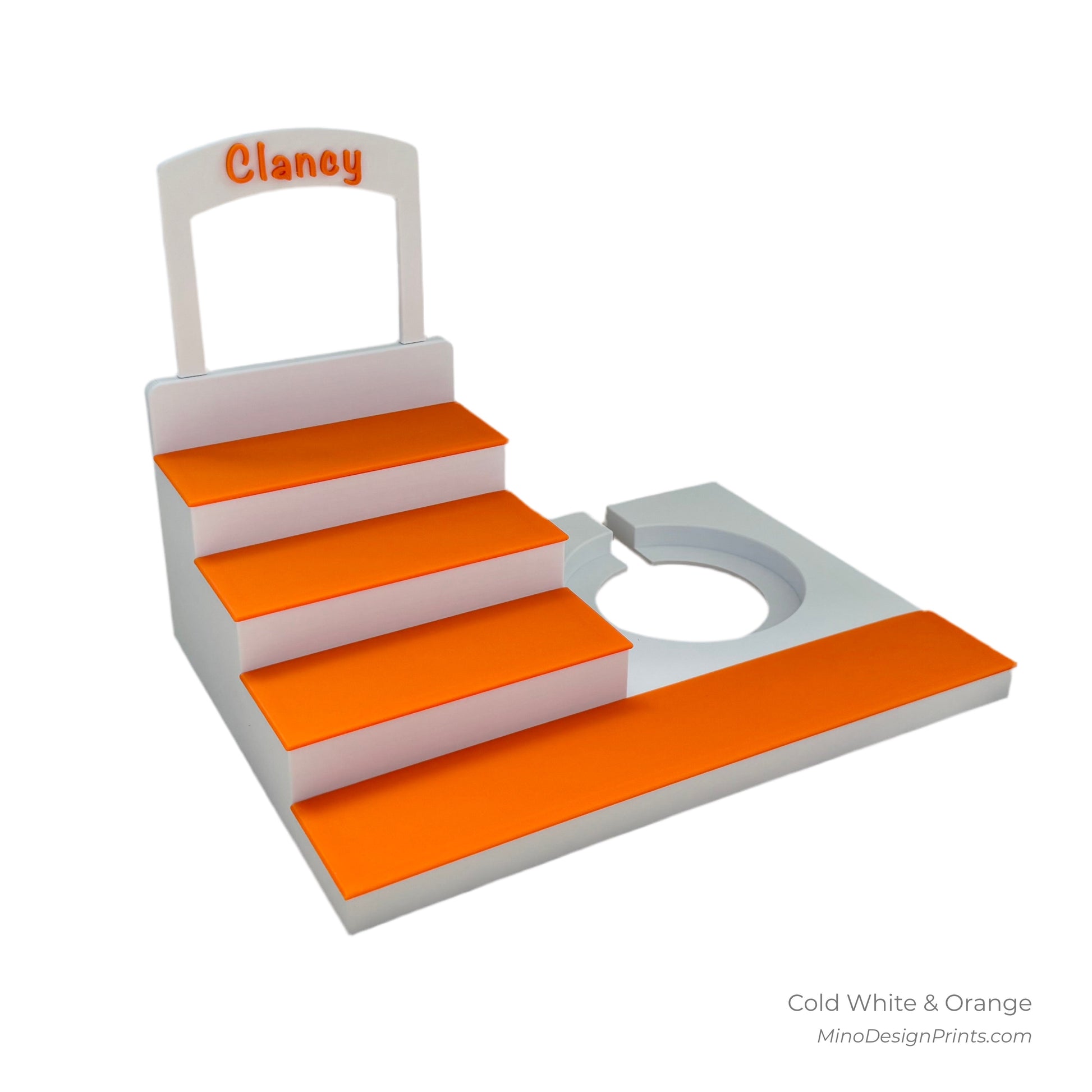 Personalised Medium Stairs Shelf for Tonie Box in Cold White with Orange Steps