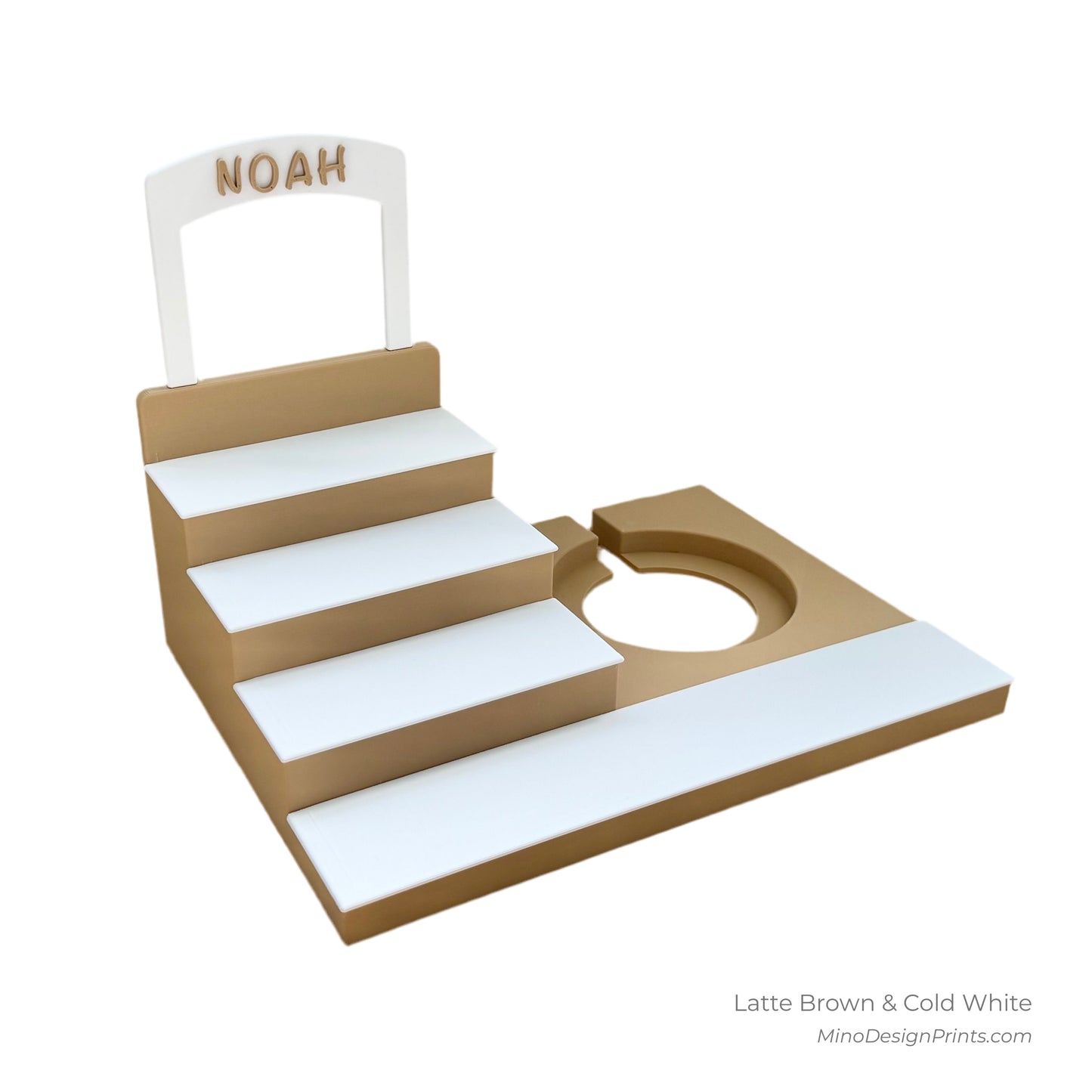 Personalised Medium Stairs Shelf for Tonie Box in Latte Brown with Cold White Steps