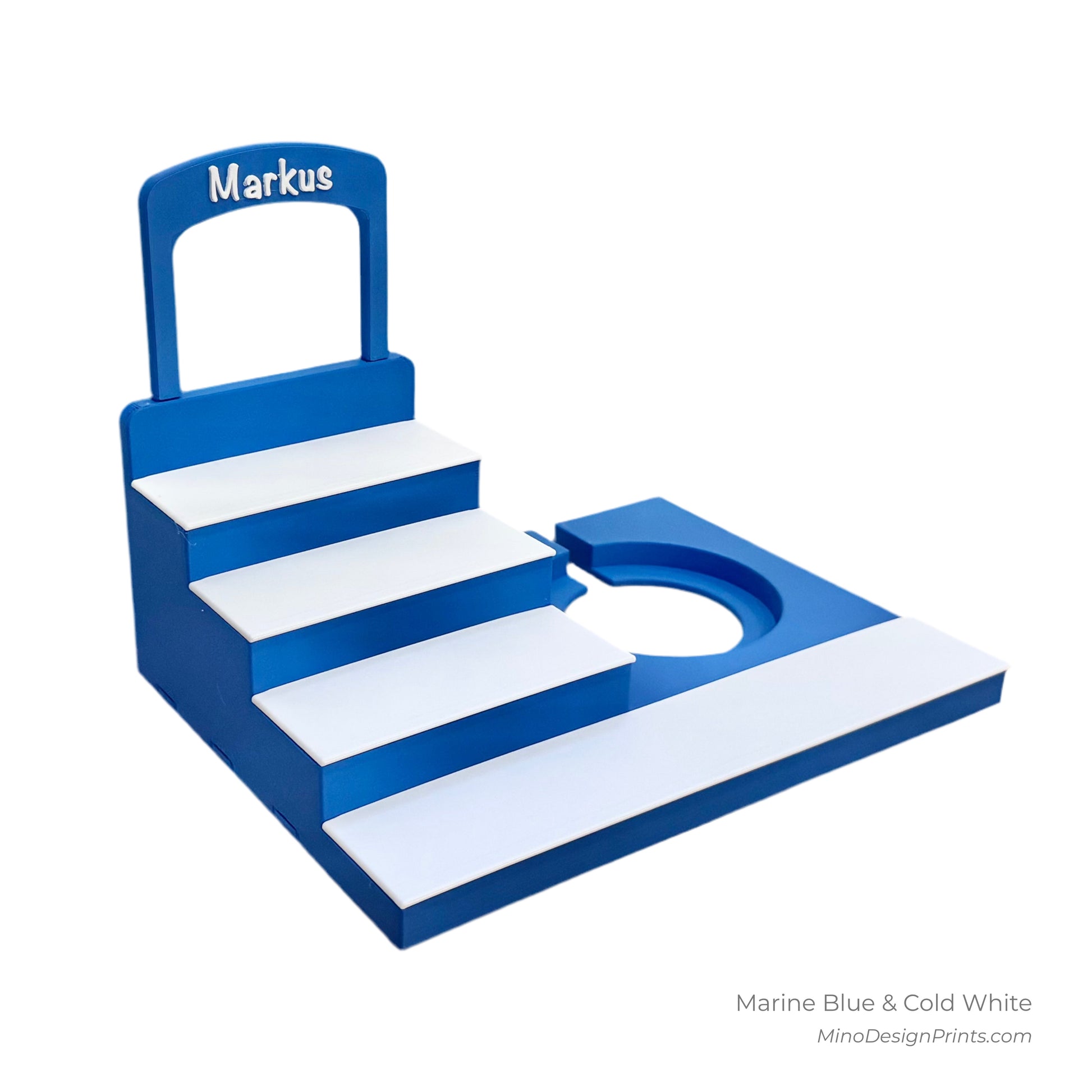 Personalised Medium Stairs Shelf for Tonie Box in Marine Blue with Cold White Steps