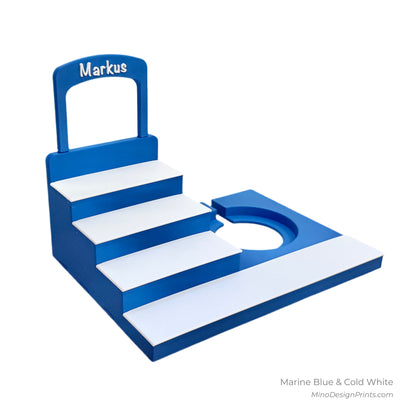 Personalised Medium Stairs Shelf for Tonie Box in Marine Blue with Cold White Steps