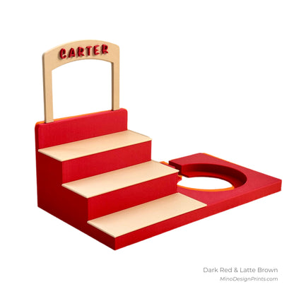 Personalised Small Stairs Shelf for Tonie Box in Dark Red with Latte Brown Steps