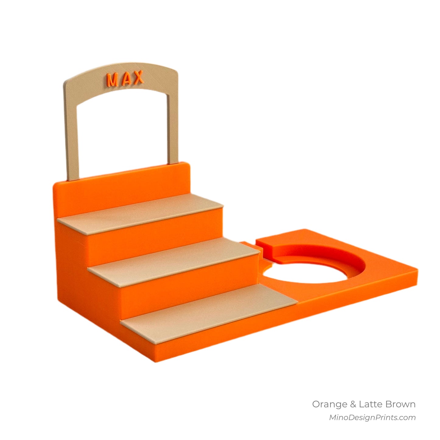 Personalised Small Stairs Shelf for Tonie Box in Orange with Latte Brown Steps