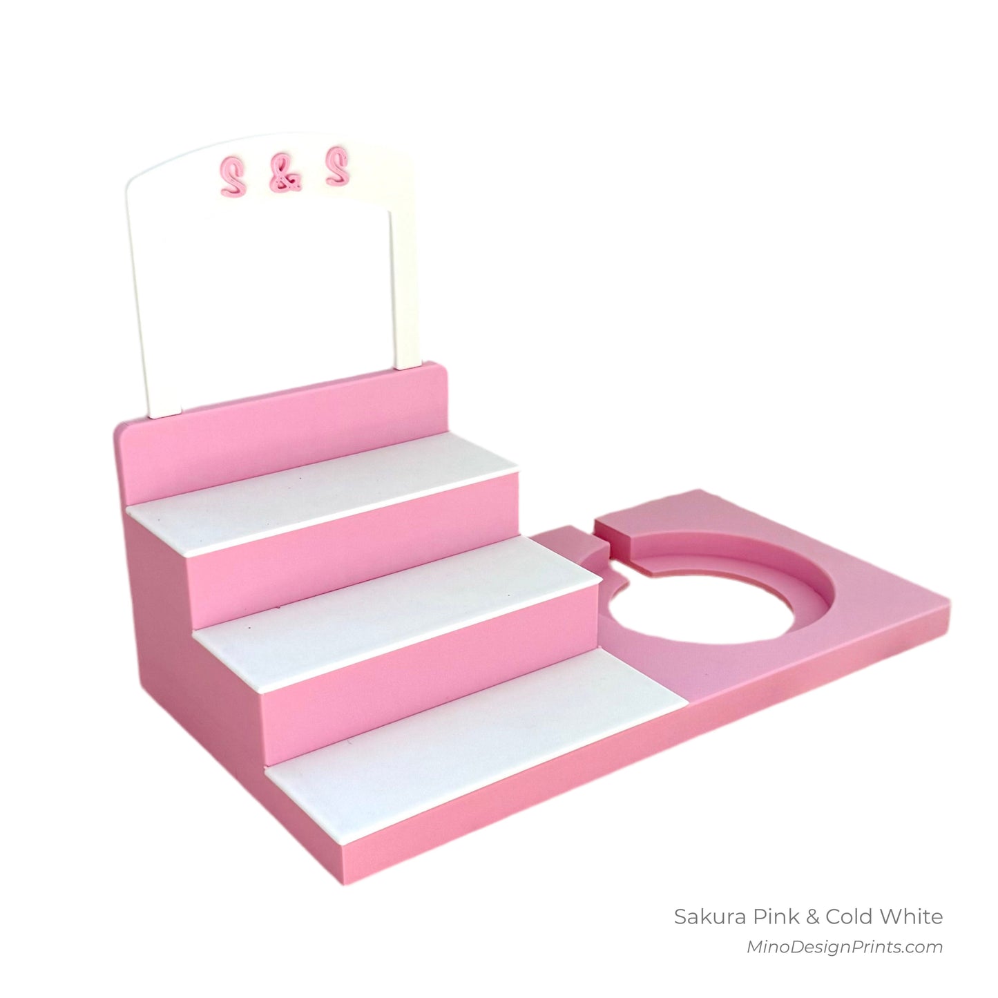 Personalised Small Stairs Shelf for Tonie Box in Sakura Pink with Cold White Steps