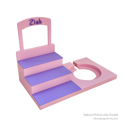 Personalised Small Stairs Shelf for Tonie Box in Sakura Pink with Lilac Purple Steps